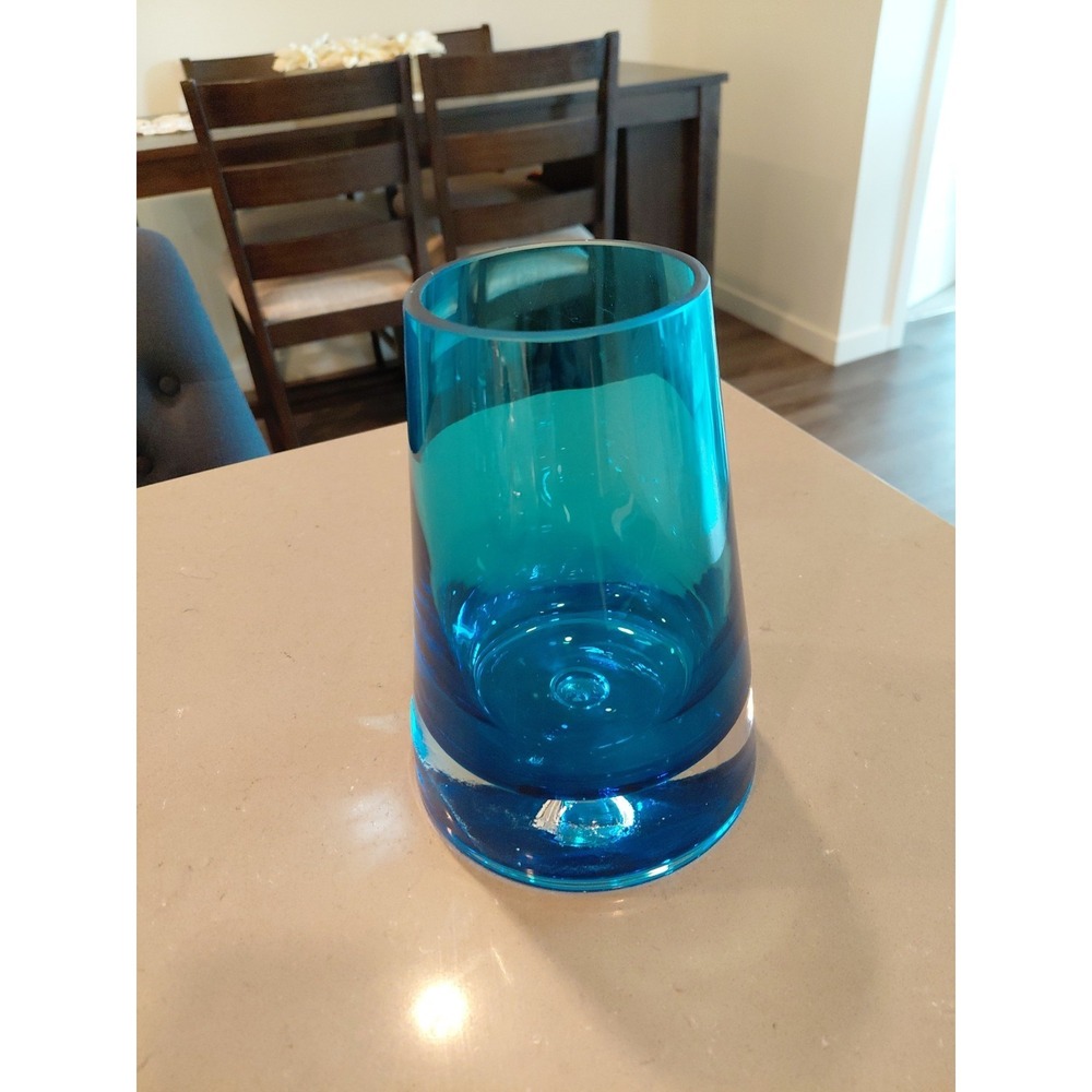 MCM Krosno Poland Art Glass Tapered Turquoise Vase With Clear Bottom With...